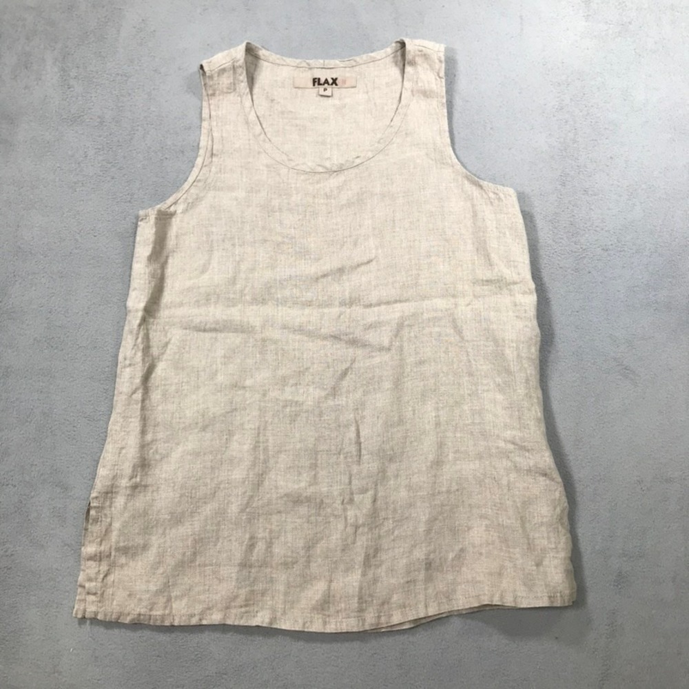 FLAX Tank Top Women Petite P Beige Excellent 100% Linen Sleeveless Scoop Neck